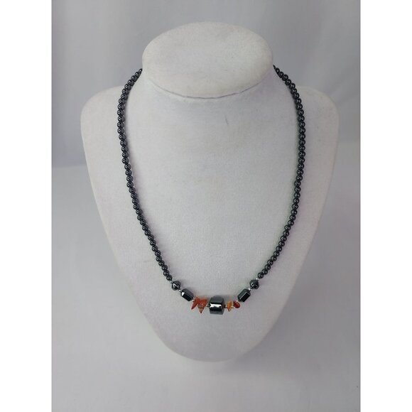 Hematite and Amber Chip Colored Beaded 18" Necklace - Picture 1 of 3